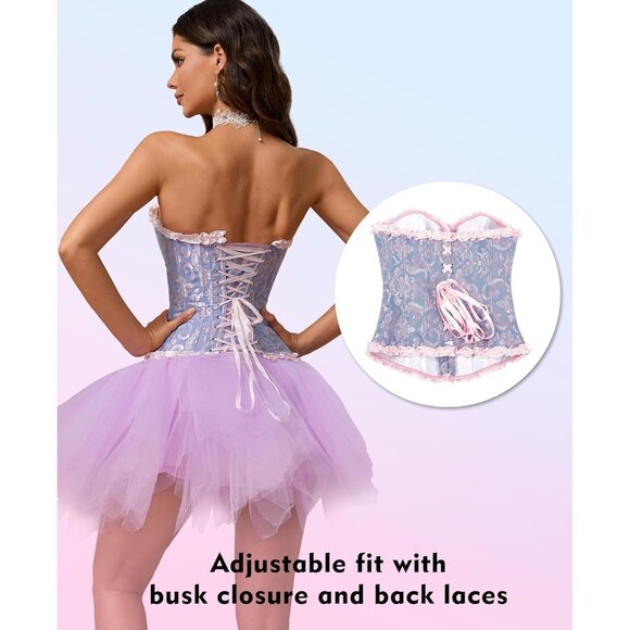 Women's Blue Corset Tops Bustier Lingerie Lace Waist Push Up Bodysuit - Picture 4 of 7